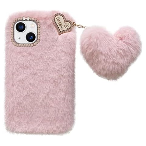 Uposao Compatible with iPhone 13 Mini Plush Case Fluffy Cute Mobile Phone Case Winter Warm Soft Case with Crystal Rhinestone Love Heart Pendant for Women Girls, Pink Cover