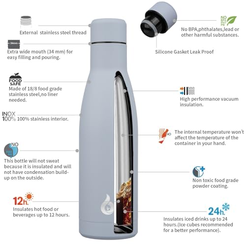 Image of BJPKPK Insulated Water Bottle 17oz Stainless Steel Water Bottles Dishwasher Safe Metal Thermal Keep Cold and Hot,Mist Grey