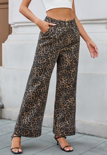 Womens High Waist Wide Leg Jeans Trendy Baggy Cuffed Denim Pants Leopard Loose No Stretchy Jeans with Pockets3