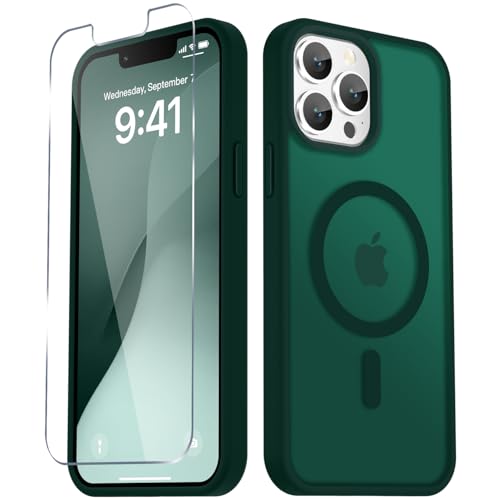 Image of YENAPOON for iPhone 13 Pro Case, Matte Magnetic Phone Cover [with 1 Screen Protector] [Support for MagSafe] [Shockproof Military Grade Protection] Translucent Frosted Back, Dark Green