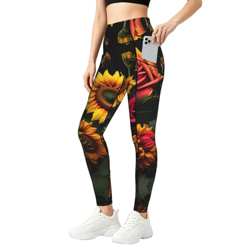 Leggings con estampado de rosas de girasol para mujer fitness con bolsillos