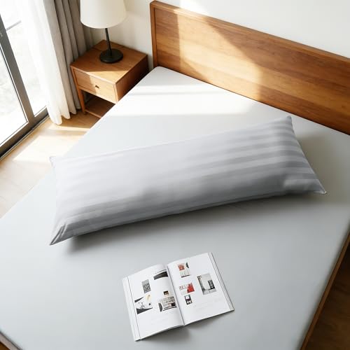 Image of 100% Egyptian Cotton Body Pillow Cover Long Pillow Case, 600 Thread Count Bed Pillow Protector with Zipper, Sateen Weave Cooling Full Body Pillowcase for Adults 20x54 Inches (1PC, Body, Striped Gray)