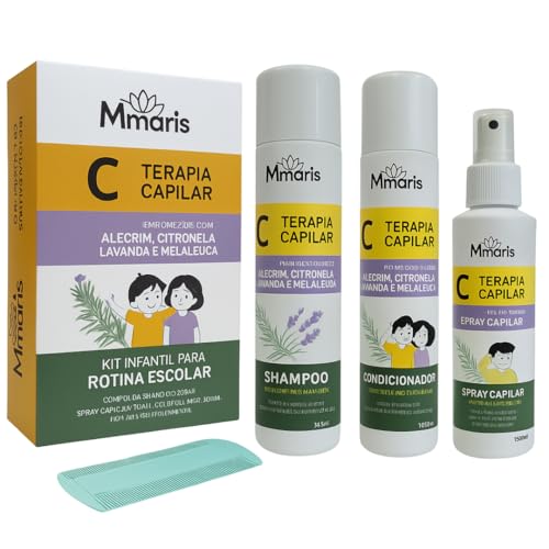 Kit Shampoo Condicionador Spray Terapia Capilar M MariS Rotina Escolar Uso Diário + Pente Fino Combate Piolhos e Lêndeas