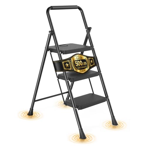 3 Step Ladder, Folding Step Stool with Wide Anti-Slip...