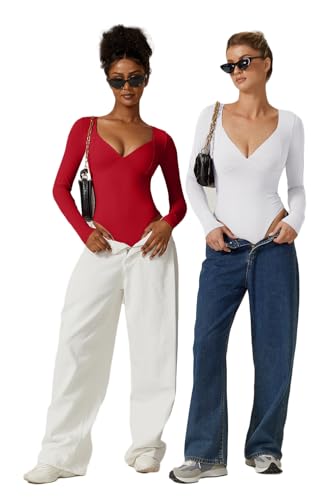 Image of QINSEN Women's Long Sleeve Bodysuit V Neck Body Suits Seamed Cup Going Out Tops Shirt