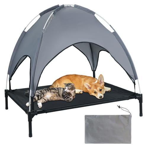 MYFULLY Elevated Dog Bed with Removable Sun Shade Canopy Portable Outdoor Pet Cot for Small and Medium Breeds, Waterproof Elevated Dog Bed for Camping, Backyard or Indoor Use