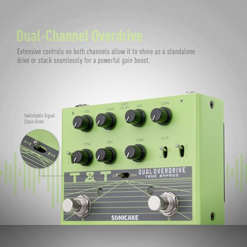 Image of SONICAKE QDS-07 Dual Channel Overdrive Pedal, 2-in-1 TS Guitar Effects Pedal with 3 EQ Modes - High-frequency Boost, Original Output, Low-frequency Boost, Pure Analog Circuit, True Bypass T&T