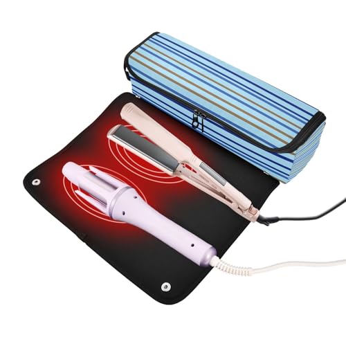 Bolso de viaje Hot Hair Tools con tapete resistente al calor removible, impermeable y portátil para planchas, rizadores y secadores de cabello, azul marrón con rayas verticales miniatura 2