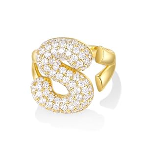 KissYan Bubble Initial Ring for Women, 14k Gold Plate Balloon Jumbo Letter Rings Open Adjustable Dainty Pave CZ Personalized Fashion Trendy Statement Jewelry Gift