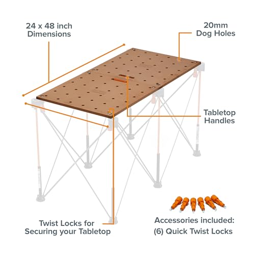 Image of BORA Centipede Workbench Table Top For Bora Centipede Work Stand Saw Horses - 24 inch x 48 inch - Includes Wood Top with 20mm Dog Holes + 6 Quick-Twist Lock Handles for Portable Work Bench, CK22TM Brown
