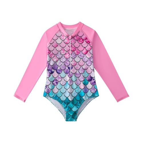 HILEELANG Little Girls Long Sleeve Rash Guard Swimsuit Sun Protection Half Zip One Piece Bathing Suit 3-10 Years