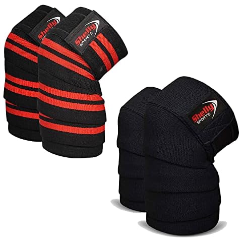Shelly Knee Wraps for weight Lifting Powerlifting Squatting Knee Support CrossFit Knee Guard and Olympic Lifting four rubber Heavy Duty Elasticated Knee Bands for men and women (Red) Cover