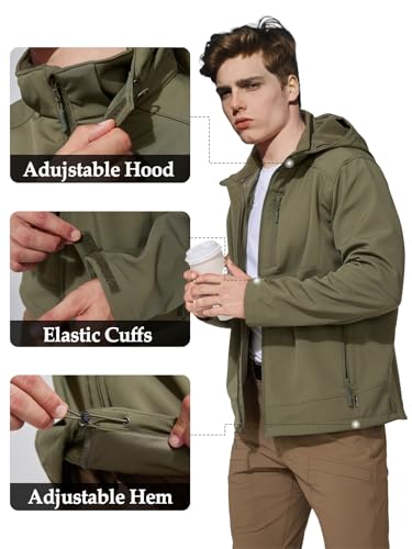 Image of Men's Military Tactical SoftShell Jacket Fleece Lined | Lightweight,Waterproof,Windproof,Multi-pockets,Adjustable Hood for Work,Hiking,Snow,Ski