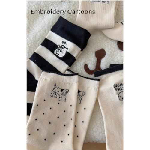 Girls Dog Embroidery Socks, Cotton Blend Crew Socks with Cute Cartoon Dog, Soft & Comfortable, Preppy Style, All Season3