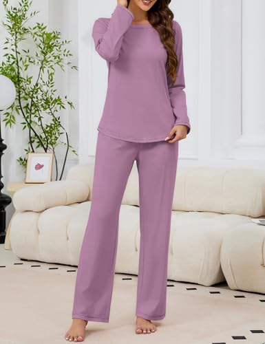 Image of KCW Womens Pajamas Sets 100% Cotton 2 Piece Lounge Set Long Sleeve Tops and Pants Soft Pjs Sleepwear with Pockets