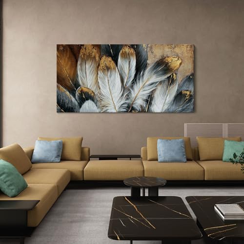 Image of Feather Canvas Wall Art Modern Living Room Bedroom Wall Decoration Large Giclee Print Canvas Painting Artwork for Home Decor One Piece White Gold Brown Feather Picture Ready to Hang 58x29 Size