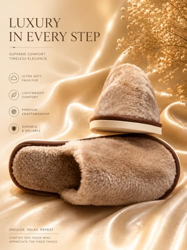 Image of Galaxy Fashion Point LUXORIA Ultra Soft Faux Fur Slippers for Women & Men | Fluffy Warm Indoor House Slippers | Lightweight Anti-Slip Cozy Bedroom Home Footwear | Premium Plush Winter Comfort Slides (Beige Brown)
