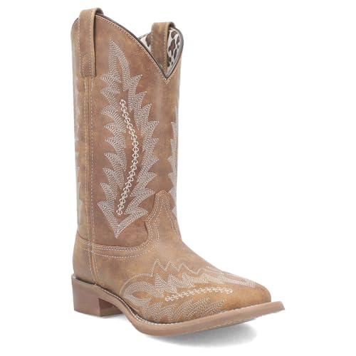 Laredo Womens Cheyenne Embroidered Square Toe Casual Boots Mid Calf Low Heel 1-2" - Brown2