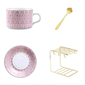 Tea Cup Set Coffee Tea Cup Sets Porcelain Tea Sets British Pink Cups with Saucer Cherry Spoon and Cups Rack (C 4 pcs) (D 6 pcs)