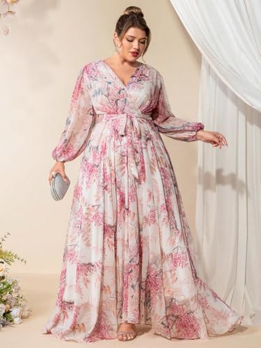 Image of Spring Summer 2024 Plus Size Womens Dresses V Neck Casual Elegant Long Sleeve Floral Print Maxi Dress