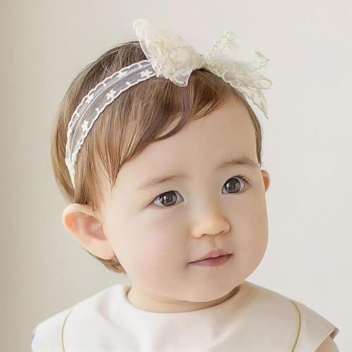 Baby Girls Bow Lace Headband Cute Soft Hairband White Butterfly Knot Headbands for Newborn Infants Toddlers Kids Christening Baptism Birthday Party Hair Accessories（Beige）2