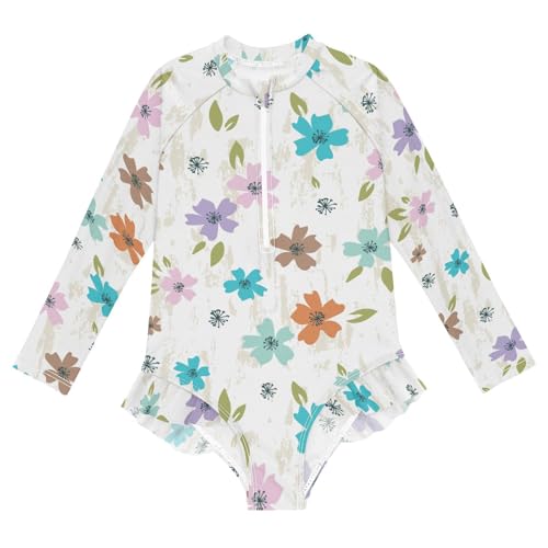 susiyo Colorful Floral Girls Long Sleeve One Piece Swimsuits Rash Guard Bathing Suit UPF 50+ Zipper Girl Swimwear