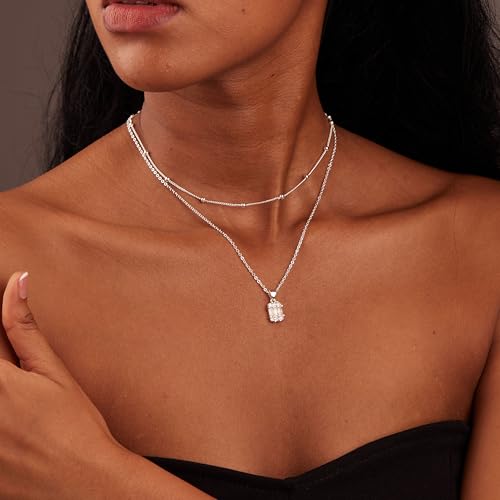 Silver Diamond Pendant Necklaces for Women, Layered Dainty 14K Gold Silver Plated Choker Chain Simple Necklace Stack Trendy Prom CZ Jewelry Set Gifts for Women3