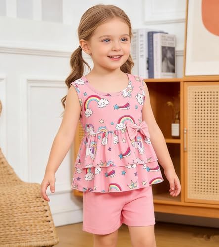 Image of Girls 2 Piece Outfit Summer Short Set Sleeveless Bow Knot Tank Top and Shorts Cute Clothes for Toddler Girls