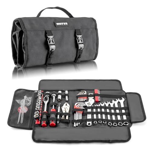 Mofun 64-Piece Motorcycle Tool Kit Universal with Roll Pouch Roadside Travel Wrenches, Ratchet Universal Compatible with Cars Fit Trucks Fit Motorcycles Fit Enduro Dirt Bikes Fit UTVs Fit ATVs, Black