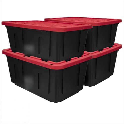 Image of Storage Bins 27 Gal Stackable with Lids 4 Pack for Garage Basement | Stackable with Lockable Lid Option - Secure stacking design with tie-down holes for zip-ties or padlocks.