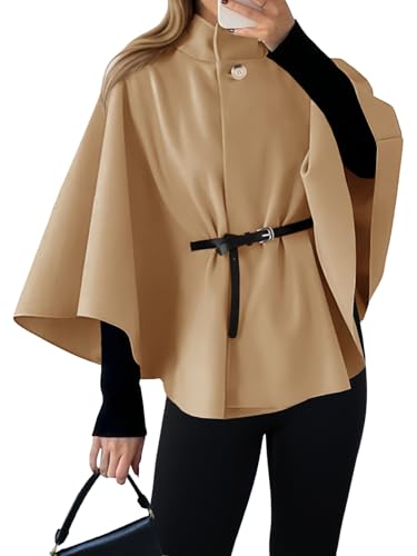 Image of Cicy Bell Womens Batwing Sleeve Poncho Pea Coats Oversized Belted Trendy Casual Stand Collar Cloak Cape Coats