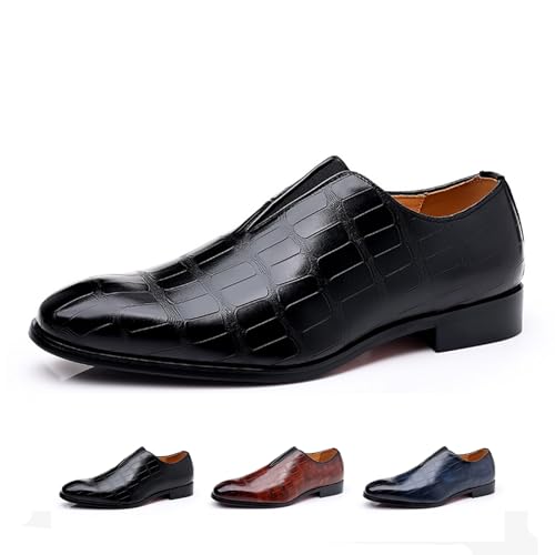 Zeberfi Men's Stone Pattern Leather Slip On Dress Loafers Fashion Elastic Strap Pointed Toe Low Top Non-Slip Luxury Business Formal Shoes