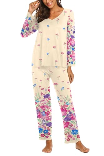 Image of Ekouaer Womens Pajama Sets 2 Piece Lounge Set Fall Winter Pajamas Long Sleeve Pjs Top and Pants Soft Pj Sets Loose Sleepwear