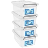 ATHLON TOOLS 4x 12.5L Aufbewahrungsboxen mit Deckel transparent – 100% Neumaterial - Stapelbare Plastik-Boxen – Lagerboxen – graue Verschlussclips – BPA Frei