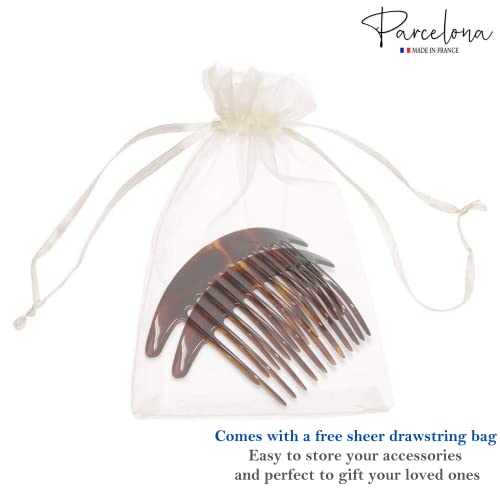 Parcelona French Tapered Edge Tortoise Shell Brown Large 5 Inch Celluloid 11 Teeth Set Of 2 Side Hair Combs For Women And Girls thumb #7