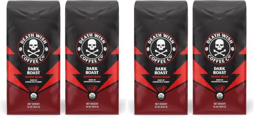 Image of Death Wish Coffee Dark Roast Whole Bean -16 Oz, 4 Packs of Bold & Intense Blend of Arabica & Robusta Beans - USDA Organic - Pack of 2