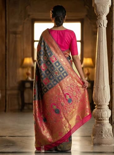 Image of C J Enterprise Women's Kanjivaram Silk Saree Woven Patola Banarasi Soft Sarees Zari With Blouse Piece (Hathi Patola)