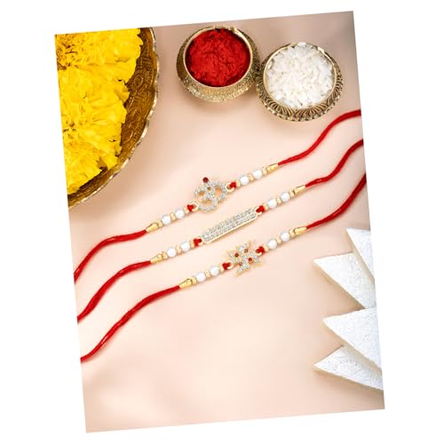 Image of Peora Om Shree Ram Swastik Rakhi for Brother Bhaiya | Crystal & Beads Studded | Red Thread | Raksha Bandhan Hamper with Roli Chawal Greeting Card