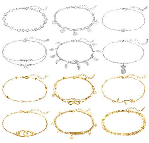 12Pcs Anklets for Women Silver Gold Ankle Bracelets Set Boho Layered Beach Adjustable Chain Anklet Foot Jewelry (C:6Silver+6Gold)