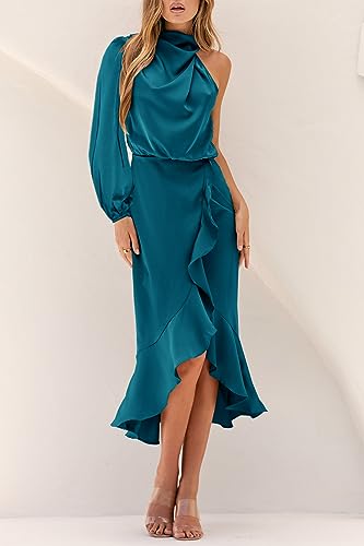 Mitilly Women'S Satin Formal One-Shoulder Mock Neck Long Sleeve Bodycon Wrap Mermaid Hem Cocktail Party Maxi Dress Small Peacock Blue thumb #1