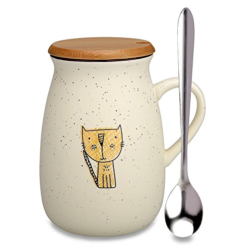 Cat Mug,Funny Ceramic Coffee mugs with Lid and Spoon, Cute Tea Cups Novelty