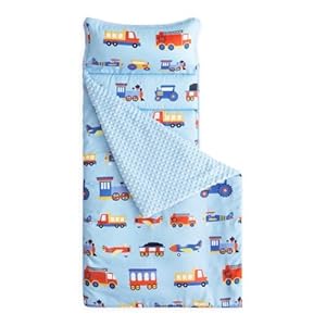 Wake In Cloud – Toddler Nap Mat with Pillow and Minky Fleece Blanket, for Kids Boys Girls in Daycare Preschool Kindergarten, Roll Up Sleeping Bag, Car Airplane Blue, Standard Size
