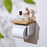 MTCLTC トイレットペーパーホルダー バスルーム ABSプラスチック楠竹木製製 切断機能付き DIY おしゃれ 2連 棚付き 賃貸対応 小物置き 簡単設置 補充楽 飾り棚 紙巻器 コンパクト設計 (竹ホワイト, シングル)