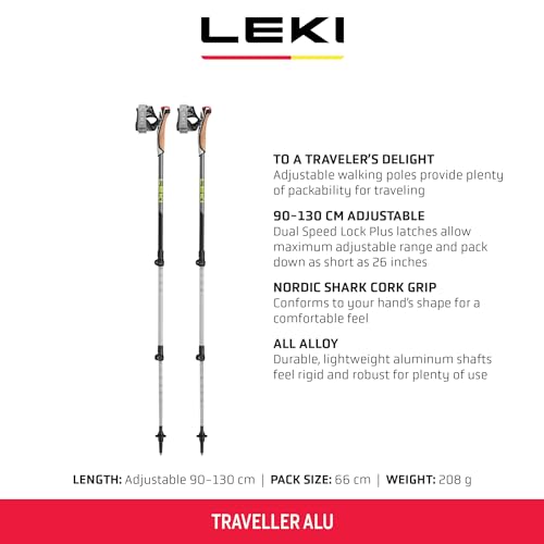 LEKI Traveller Alu Aluminum Adjustable Lightweight Trekking Poles for Hiking & Nordic Walking - Anthracite-Gray-Red - 90-130 cm