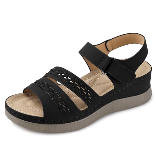 SHIBEVER Wedge Sandals for Women Dressy: Summer Walking Sandals Woman Comfortable - Casual Open Toe Rhinestone Low Wedge Shoes with Ankle Strap