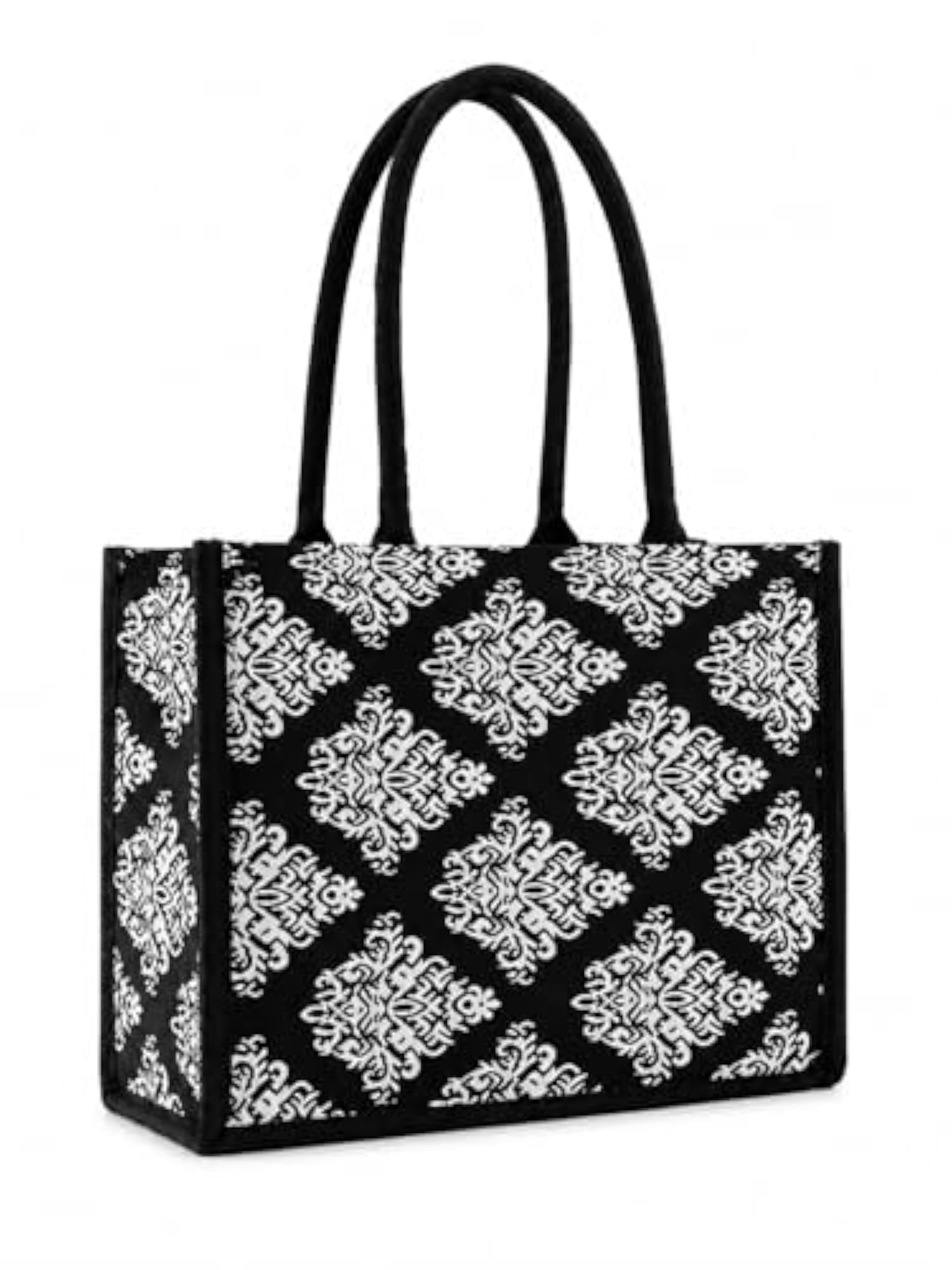 Black & White Ethnic Floral Printed Tote Bag, Reusable