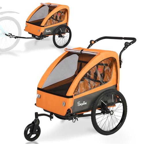 Sepnine 2-in-1 Kids Bike Trailer and Stroller with Suspension – Bike Trailer for 1 to 2 Children, Jogging Function, Foldable, 5-Point Harness, Spacious Storage, with Bug Screen and Weather Shield