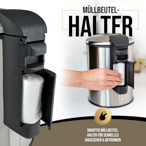 STESSMER Badezimmer Mülleimer 5 Liter – Mülleimer Bad, Treteimer mit Deckel, integriertes Beutelfach, rutschfest, Soft‑Close, geruchsdicht, Edelstahl/Schwarz/Weiß – Badmülleimer/Kosmetikeimer fürs WC – Bild 3