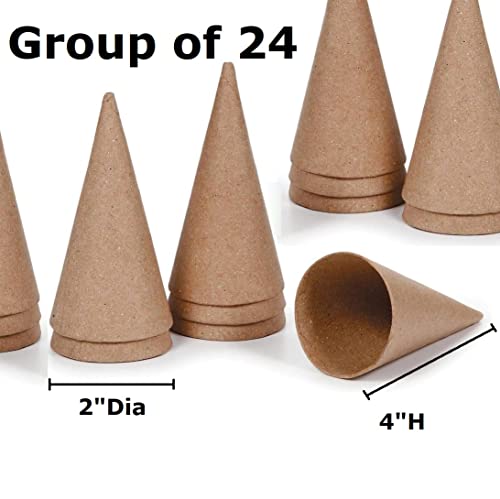 Paper Mache Cones - Bulk Pack of 24 Small Papier Mache Cardboard Cones with Open Bottoms for Crafting Dolls, Holiday Angels, and Christmas Trees (4 inch high x 2 inch Dia)