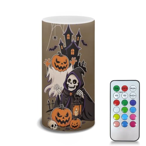 Image of Poceacles Flickering Flameless LED Battery Candles Pillar Candles Tealight with 18-Key Timer Remote for Halloween Indoor Outdoor Home Decor, Skull Pumpkin Ghost Bat Print Brown